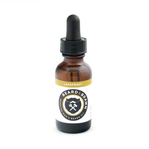 beard and brawn beard oil in amber bottle with dropper. Lakefront scent