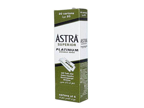 100 Blade count carton of Astra Blades.  20 packs of 5 blades.  Green and White Box