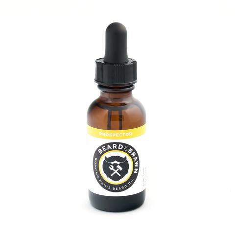 beard and brawn beard oil amber bottle with dropper. Prospector scent